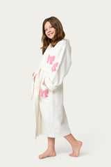 white kids bathrobe with pink bows patches - witte kinderbadjas met strikjes  