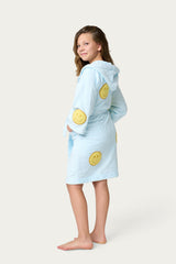 Light blue bathrobe with yellow smiley face patches. Kids bathrobe 