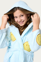  Light blue bathrobe with yellow smiley face patches. Kids bathrobe 